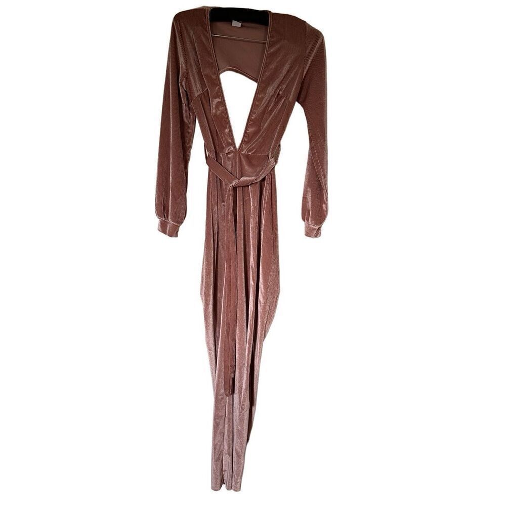 Rose Velour Belted Pants Jumpsuit Deep V-Neck and Sexy Back-out Size Small
